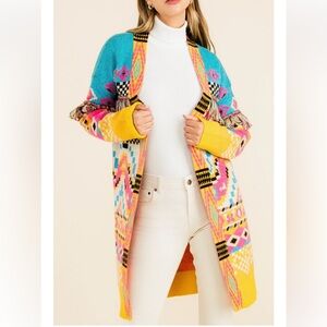 THML Multicolor Aztec Fringe Open-Front Cardigan in Turquoise, Yellow & Pink